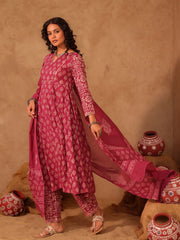 Wine & White Boota Hand Block Print Cotton Anarkali Set