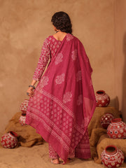 Wine & White Boota Hand Block Print Cotton Anarkali Set