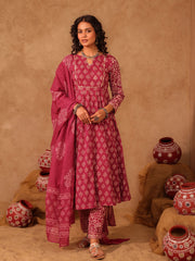 Wine & White Boota Hand Block Print Cotton Anarkali Set