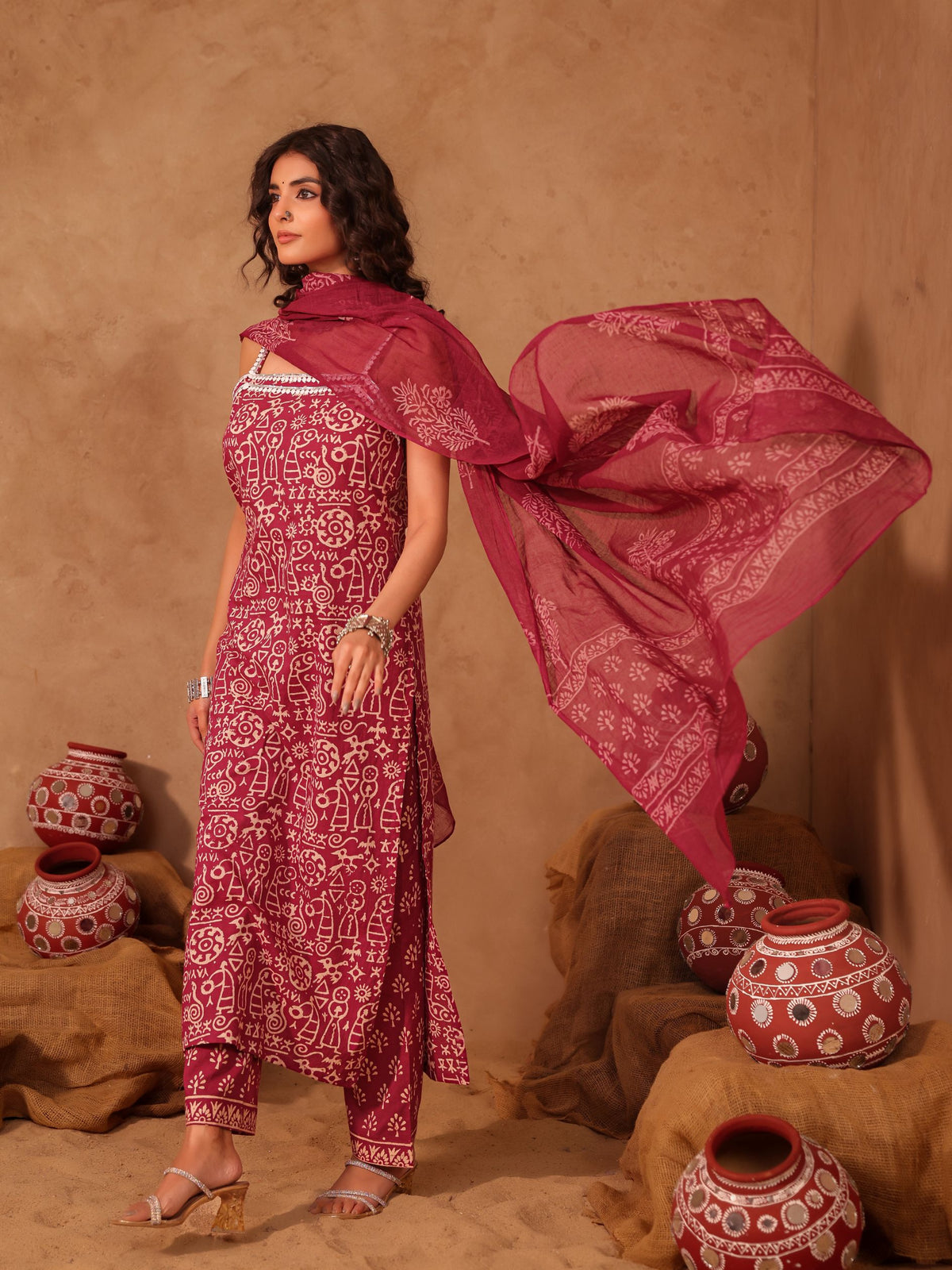 Wine Tribal Hand Block Print Cotton Straight Kurta Set