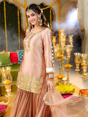 Golden Peach Satin Gota Work Sharara Suit Set with Dupatta