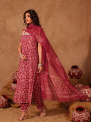 Wine Tribal Hand Block Print Cotton Straight Kurta Set
