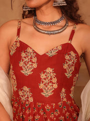 Rust Red Floral Boota Cotton Anarkali Set