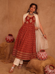 Rust Red Floral Boota Cotton Anarkali Set