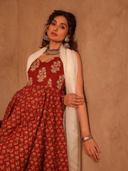 Rust Red Floral Boota Cotton Anarkali Set