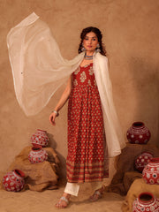 Rust Red Floral Boota Cotton Anarkali Set