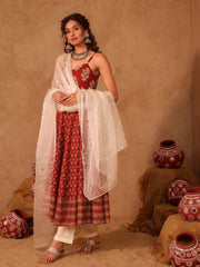 Rust Red Floral Boota Cotton Anarkali Set
