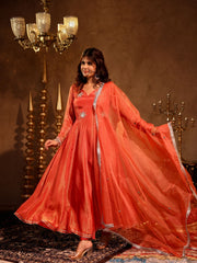 Ishika Orange Tissue Hand Embroidered Anarkali Suit Set