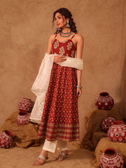 Rust Red Floral Boota Cotton Anarkali Set