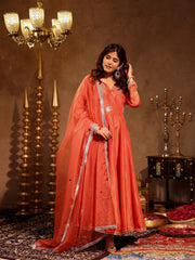 Ishika Orange Tissue Hand Embroidered Anarkali Suit Set