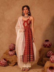 Rust Red Floral Boota Cotton Anarkali Set