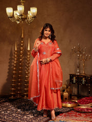 Ishika Orange Tissue Hand Embroidered Anarkali Suit Set