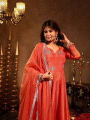 Ishika Orange Tissue Hand Embroidered Anarkali Suit Set