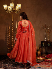 Ishika Orange Tissue Hand Embroidered Anarkali Suit Set