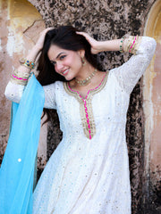 Mishri White Georgette Embroidered Farsi Suit Set