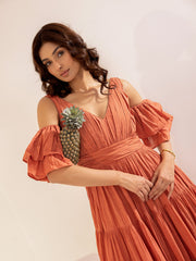 Brown Cold-Shoulder Cotton Maxi Dress