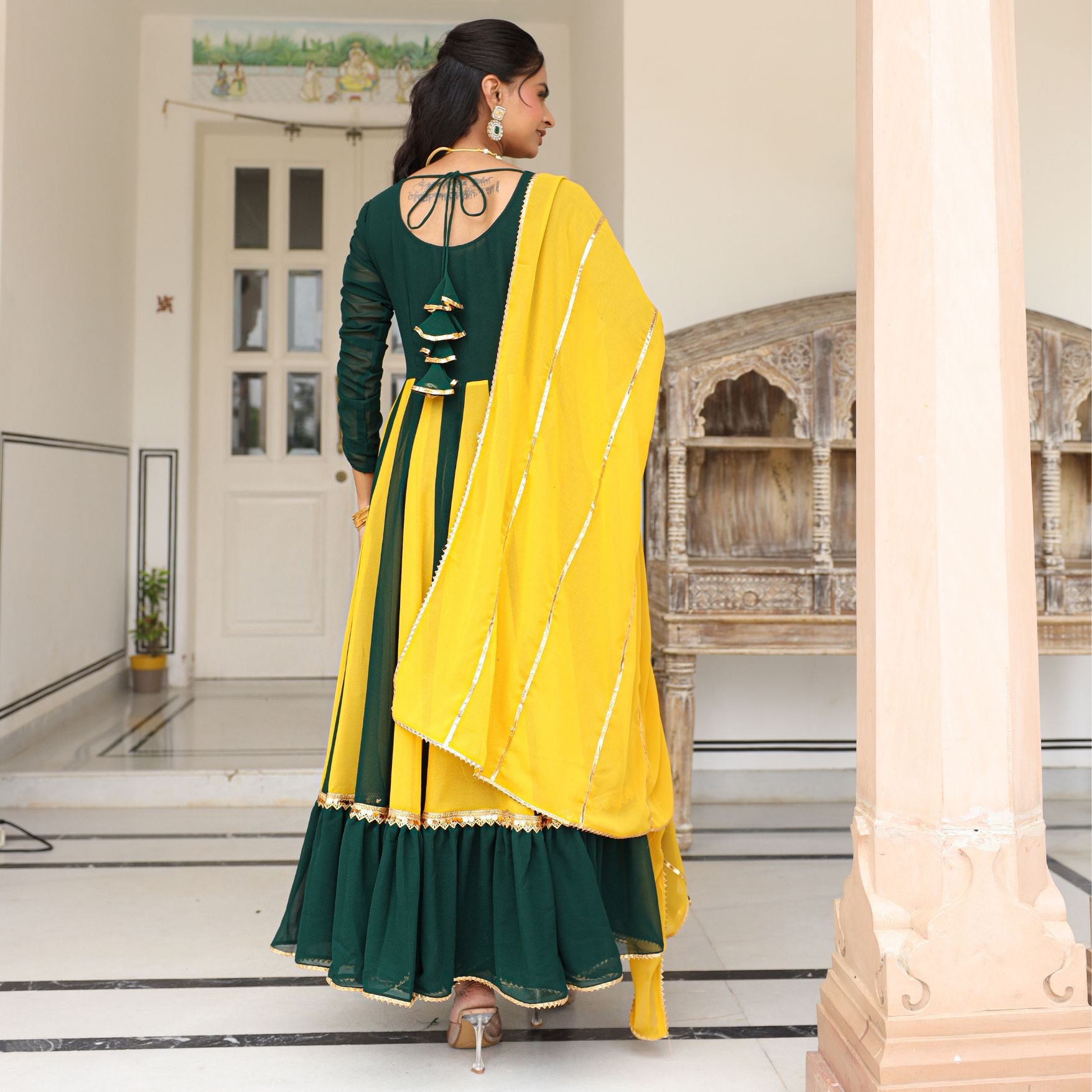 Asheera Yellow and Green Gota Work Anarkali suit Set S Asheera Yellow and Green Gota Work Anarkali suit Set S