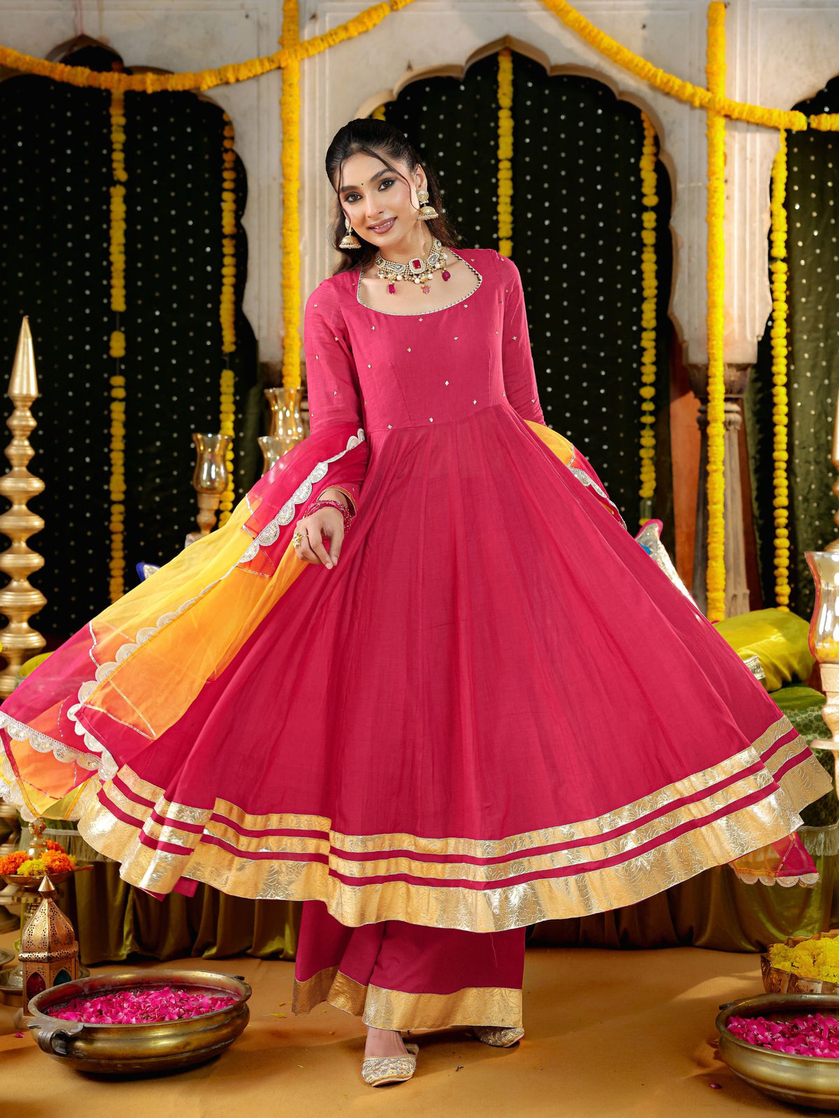 Pink Chanderi Gota Work Anarkali Suit Set