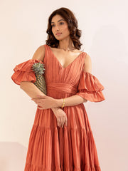Brown Cold-Shoulder Cotton Maxi Dress