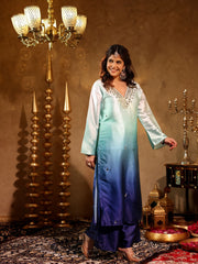 Satin Blue Ombre Mirror Work Kurta Set