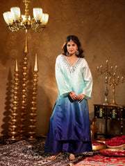 Satin Blue Ombre Mirror Work Kurta Set