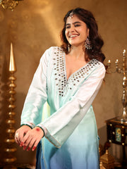 Satin Blue Ombre Mirror Work Kurta Set