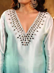 Satin Blue Ombre Mirror Work Kurta Set