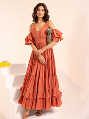 Brown Cold-Shoulder Cotton Maxi Dress