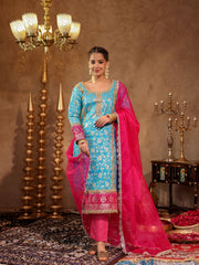 Asheera Blue Silk Jacquard Suit Set