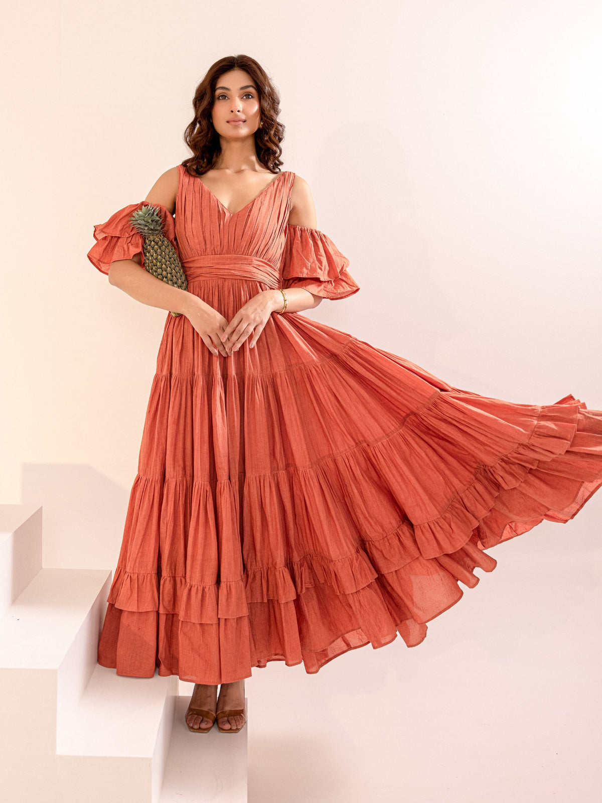 Brown Cold-Shoulder Cotton Maxi Dress | Tiered Ruffle Gown – ASHEERA
