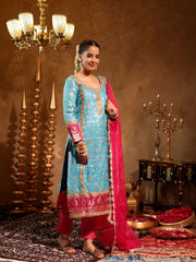 Asheera Blue Silk Jacquard Suit Set