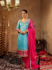 Asheera Blue Silk Jacquard Suit Set