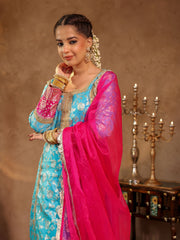 Asheera Blue Silk Jacquard Suit Set
