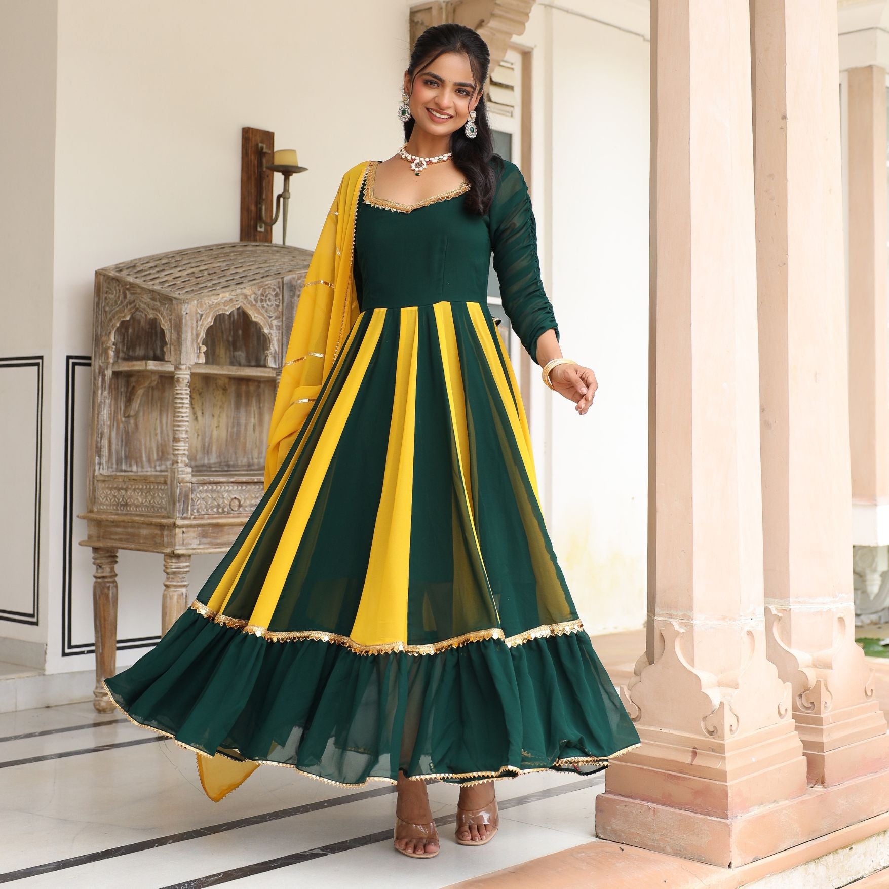 Asheera Yellow and Green Gota Work Anarkali suit Set S Asheera Yellow and Green Gota Work Anarkali suit Set S