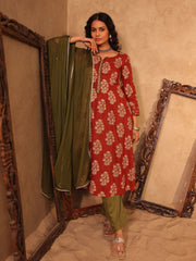 Rust Red Floral Boota Print Cotton A-Line Kurta Set