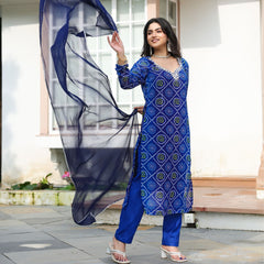 Blue Bandhani Hand Embroidered Suit Set