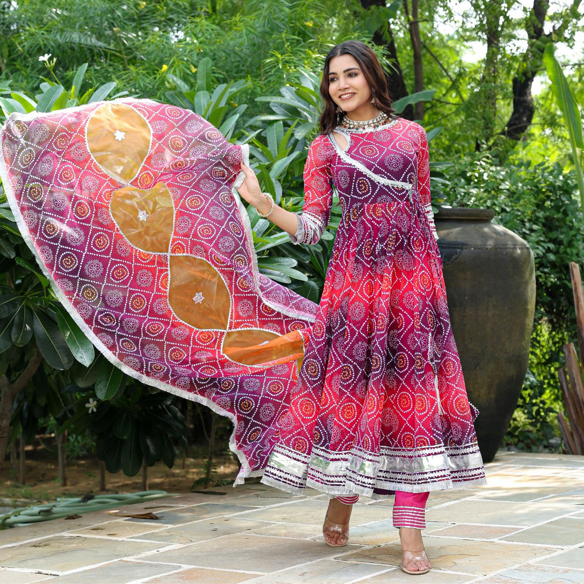 Dipika Pink Ombre Bandhani Anarkali Suit Set