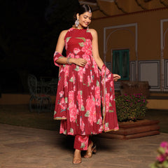 Red Floral Printed Georgette Anarkali suit set