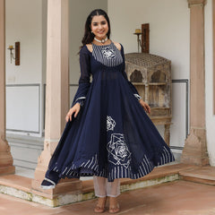 Navy Blue Heavy Gota Work Anarkali Suit Set