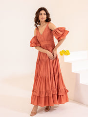Brown Cold-Shoulder Cotton Maxi Dress