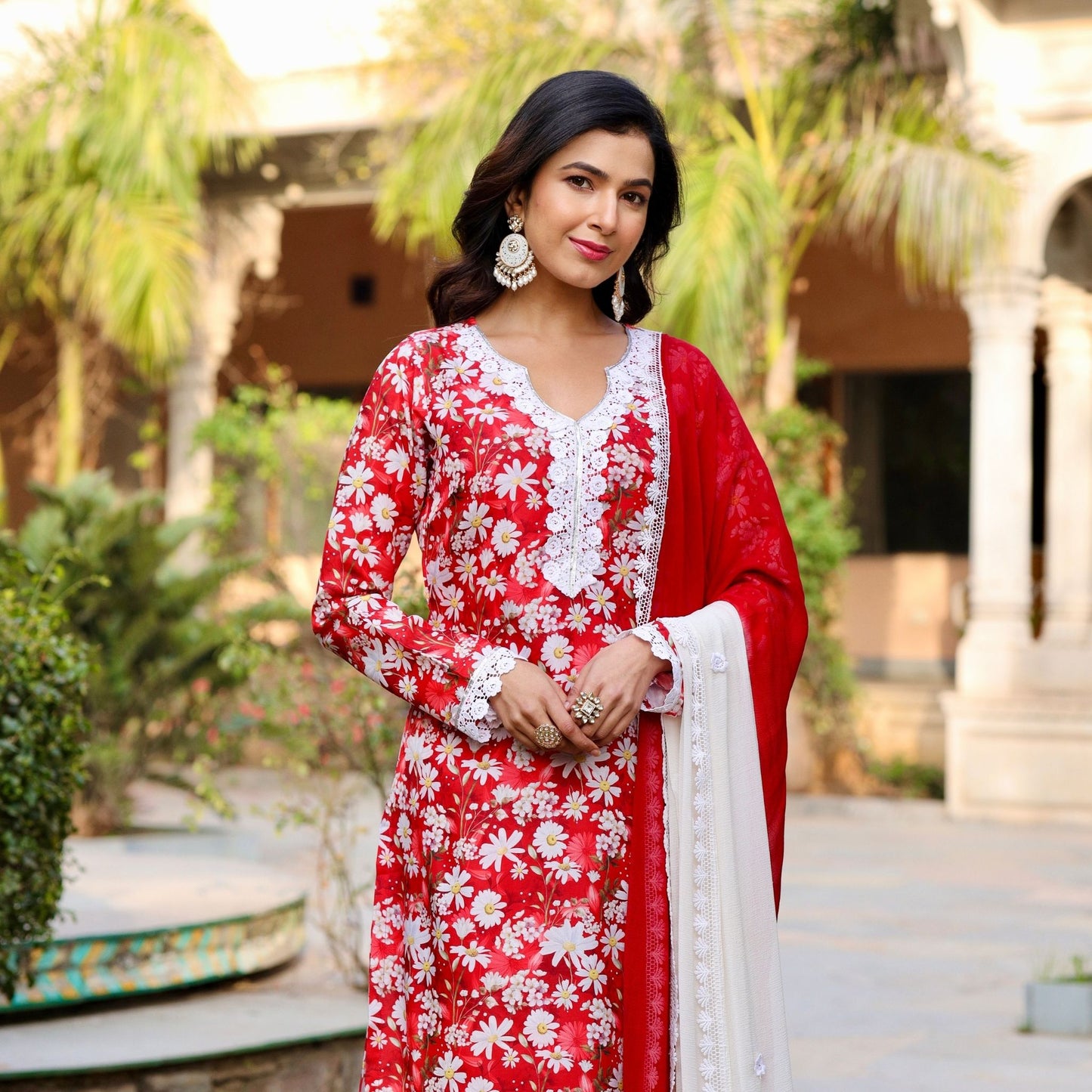 Mahi Red Floral Maslin Lace Work Suit Set