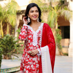 Mahi Red Floral Maslin Lace Work Suit Set