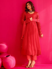 Mayra Red Georgatte Anarkali Suit Set