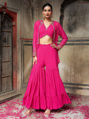 Pink Mirror and Sequins Hand Embroidered Co Ord Set with Jacket