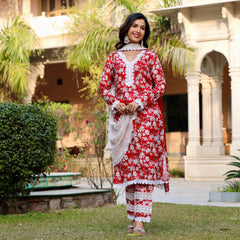 Mahi Red Floral Maslin Lace Work Suit Set