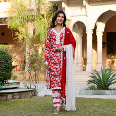 Mahi Red Floral Maslin Lace Work Suit Set