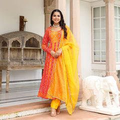 Yellow Ombre Bandhani Anarkali Suit Set