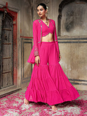 Pink Mirror and Sequins Hand Embroidered Co Ord Set with Jacket