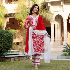 Mahi Red Floral Maslin Lace Work Suit Set