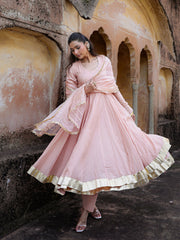 Beige Mul Chanderi Gota Work Anarkali Set